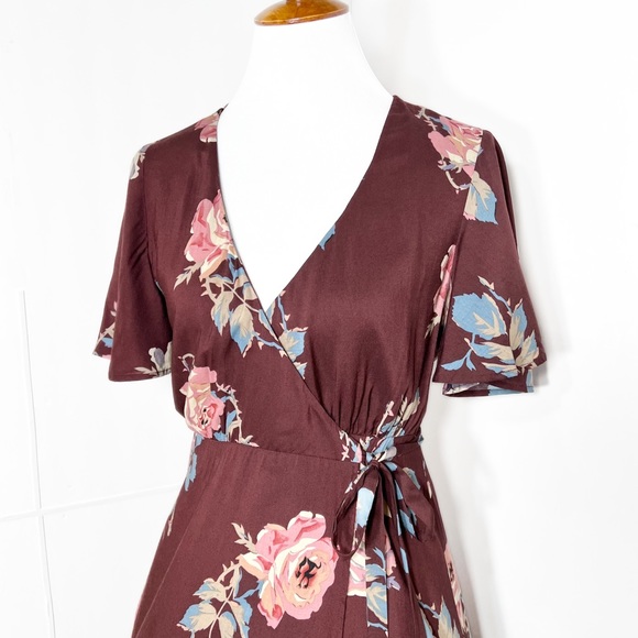 Show Me Your Mumu Floral Burgundy Brown Short Sleeve Mini Tie Waist Wrap Dress S - Picture 3 of 13